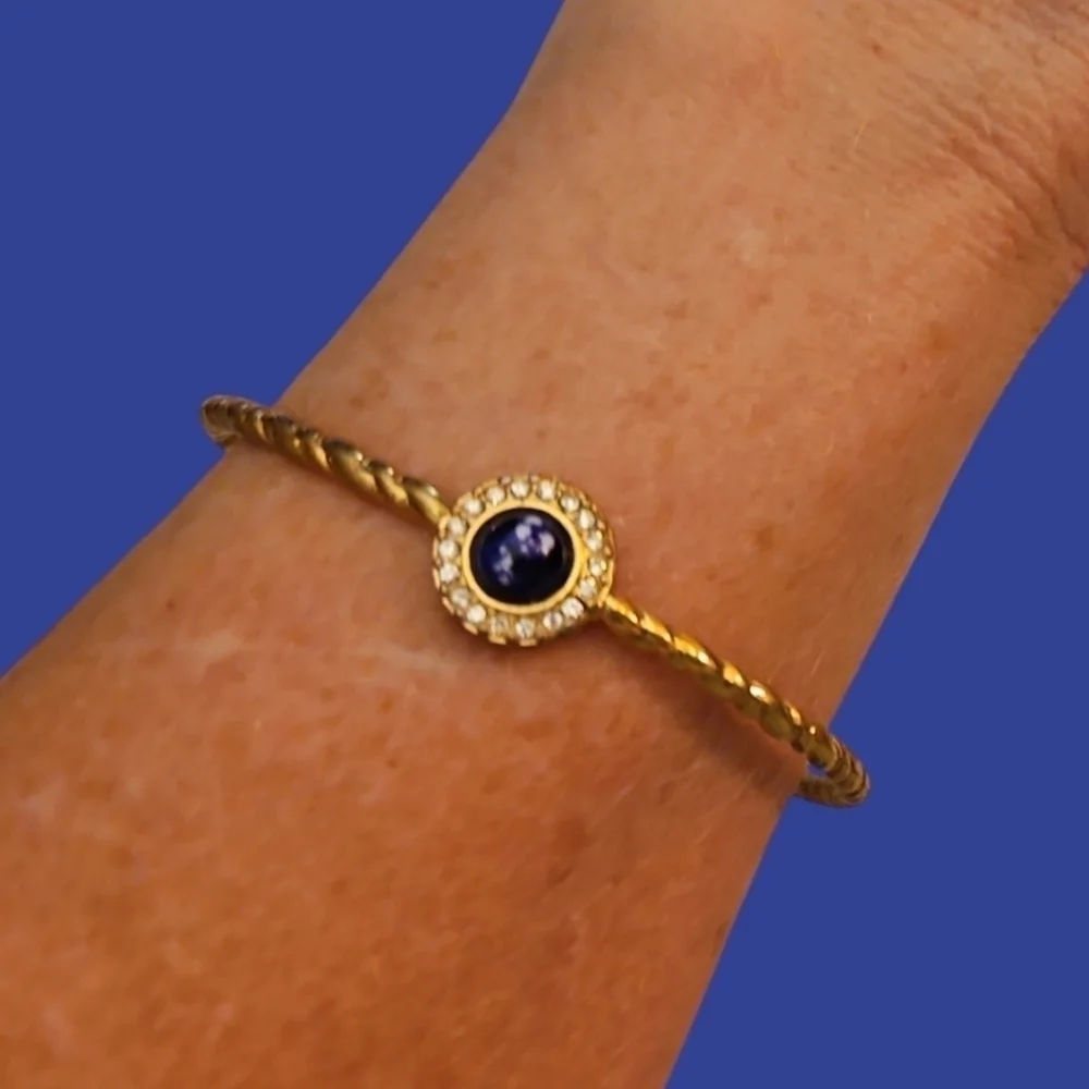 Dainty Twisted Goldtone Faux Blue Gem  Bangle Bracelet
